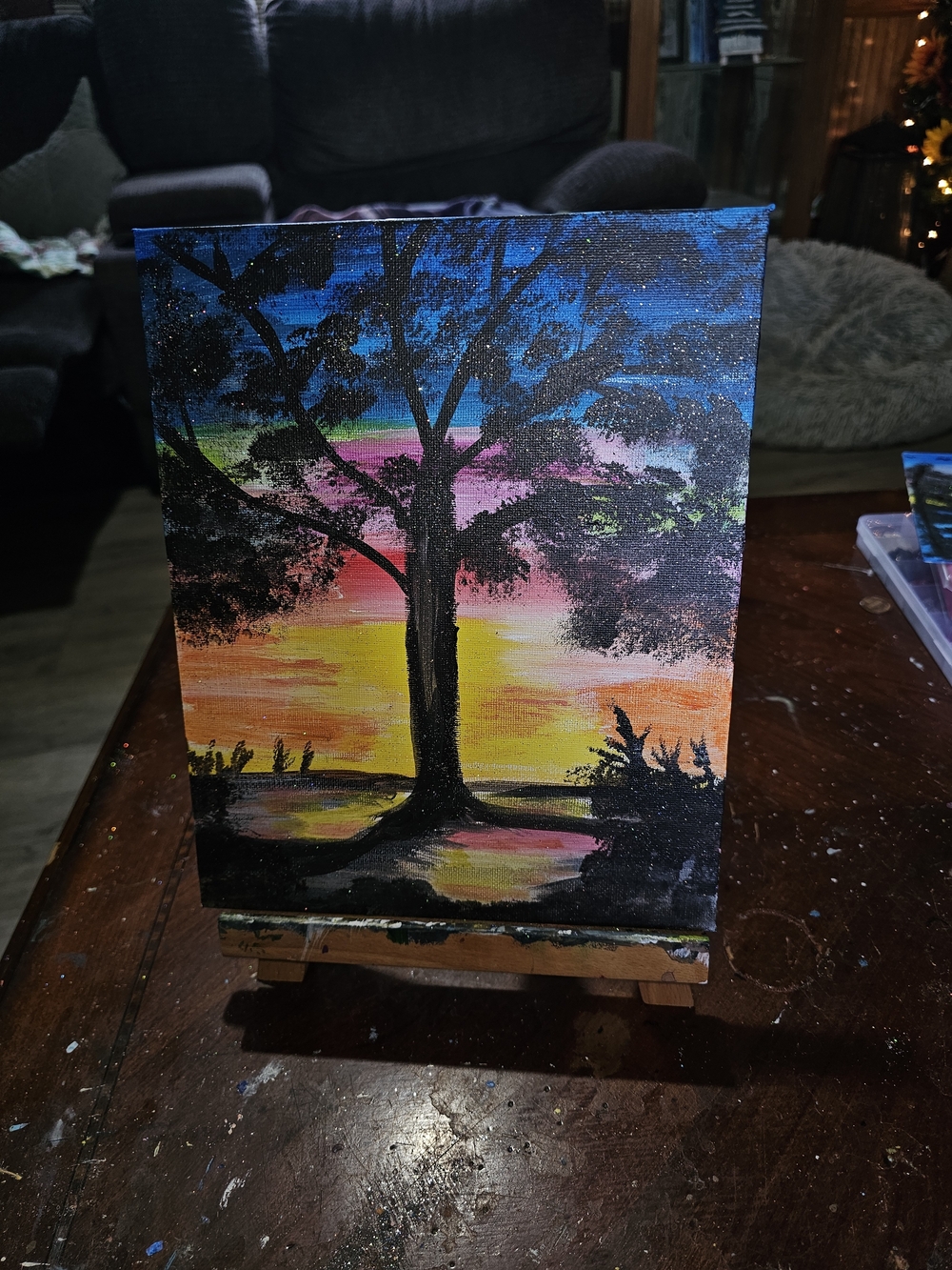 Sunset Silhouette Tree Canvas Wall Art - Black & Multicolor
